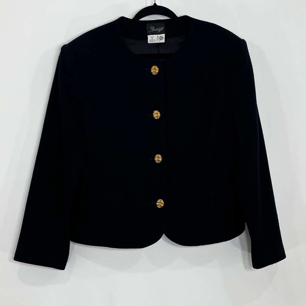 Radcliffe Vintage Black 100% Wool Collarless Blazer Gold Button Jacket 14 1008